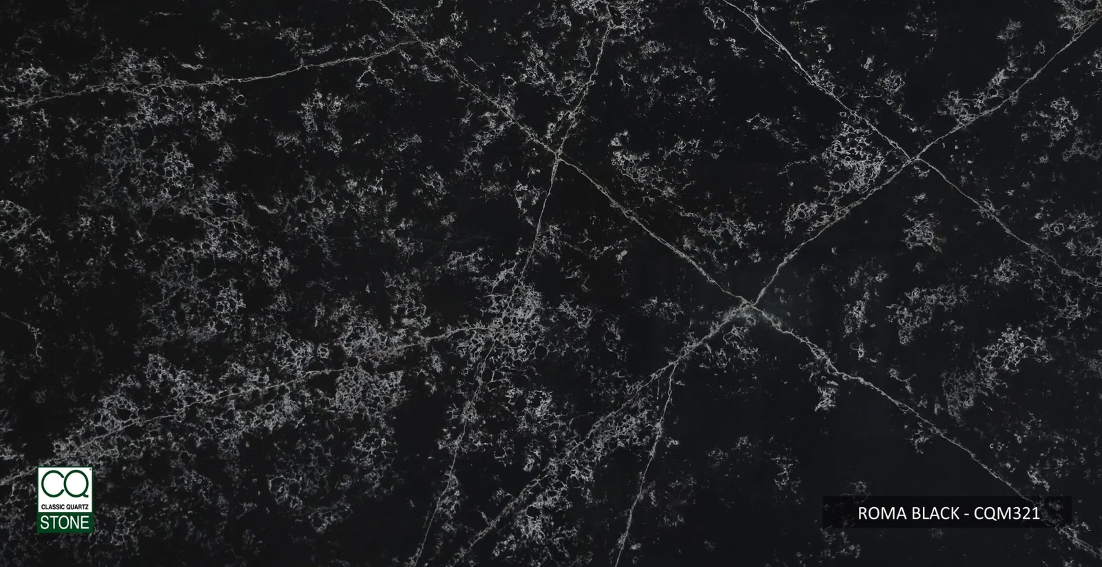 Full slab of Roma Black CQM321 black quartz from Classic Quartz Stone