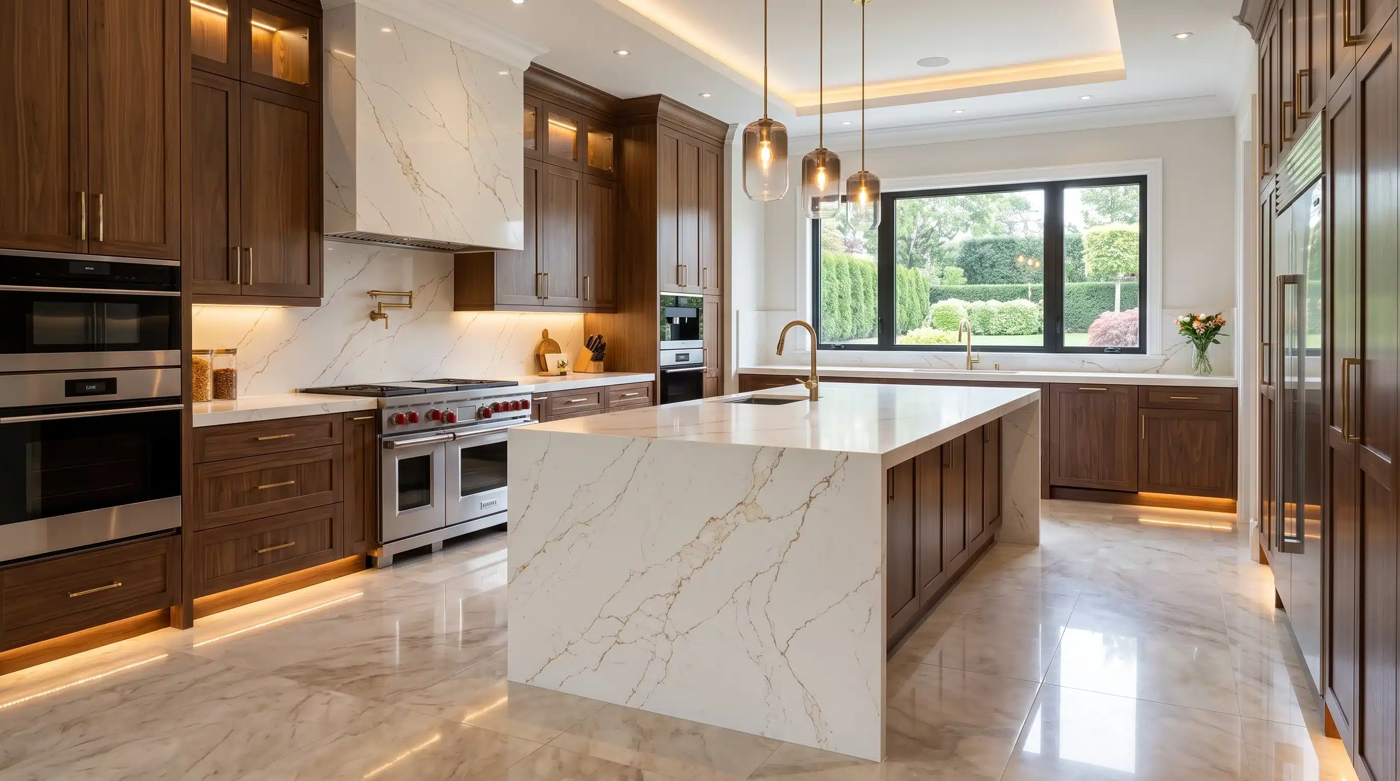 Mana Gold CQM473 quartz worktop in a wide-angle kitchen setting