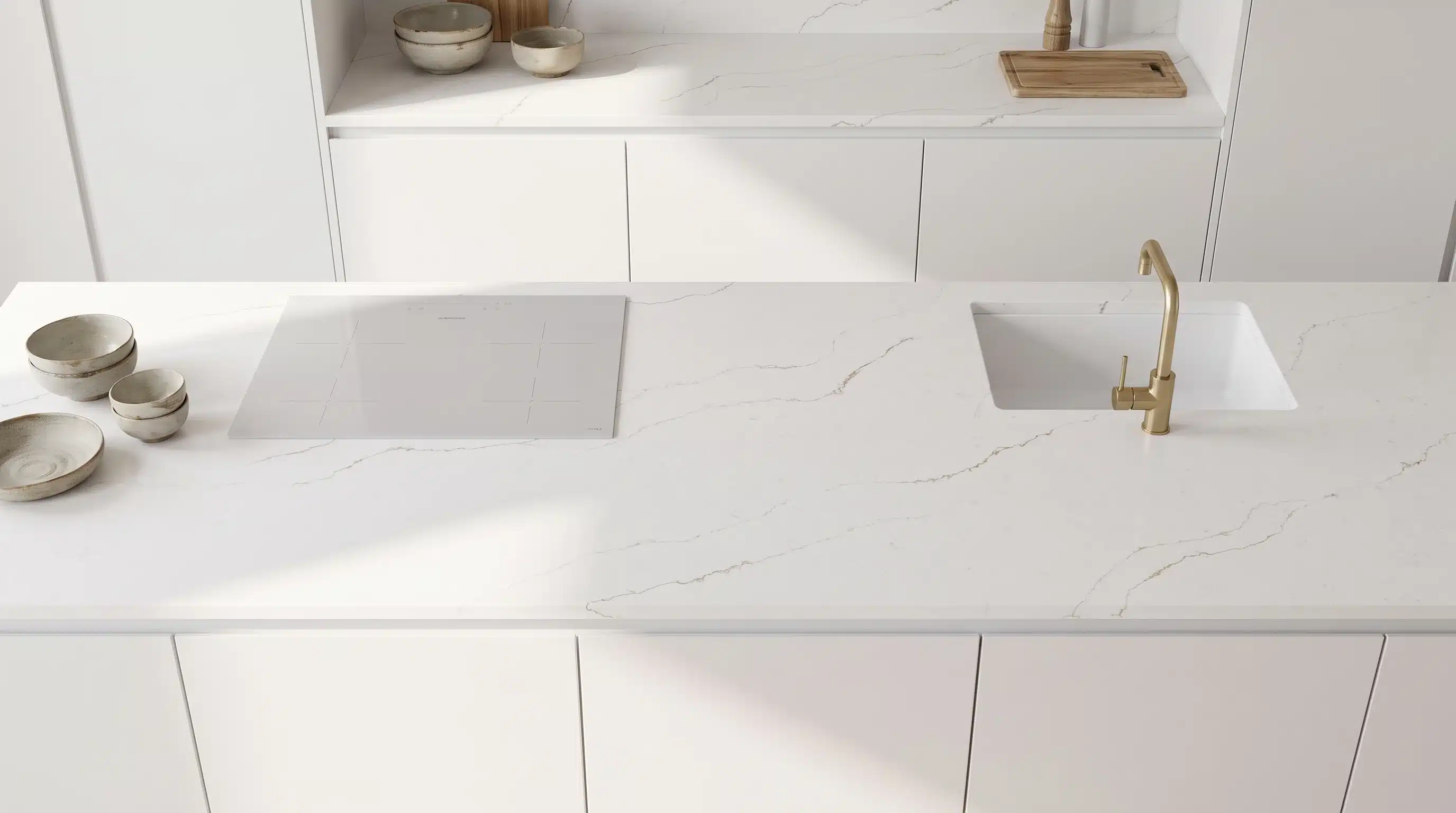 Overhead view of Mana Gold CQM473 quartz worktop in a fitted kitchen