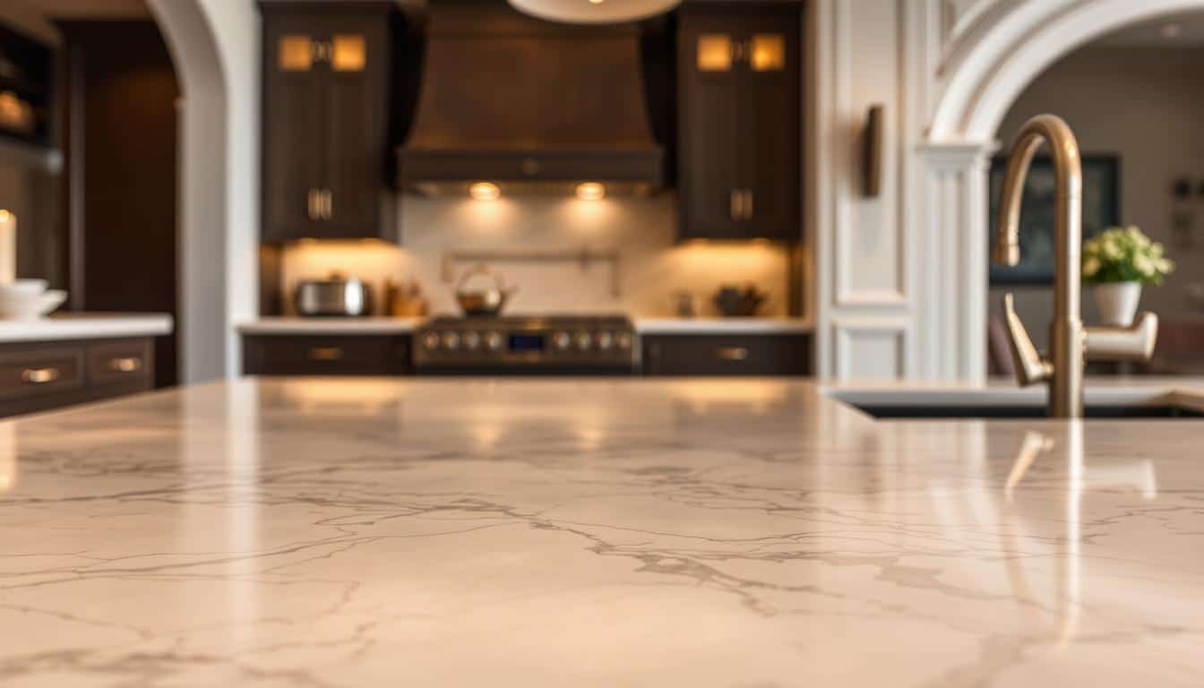 A pale veined worktop and dark cabinetry in a softly lit kitchen.