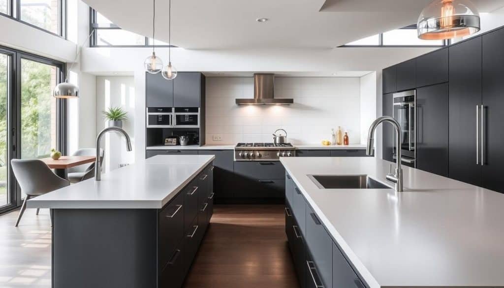 Dekton Entzo worktops in a modern kitchen
