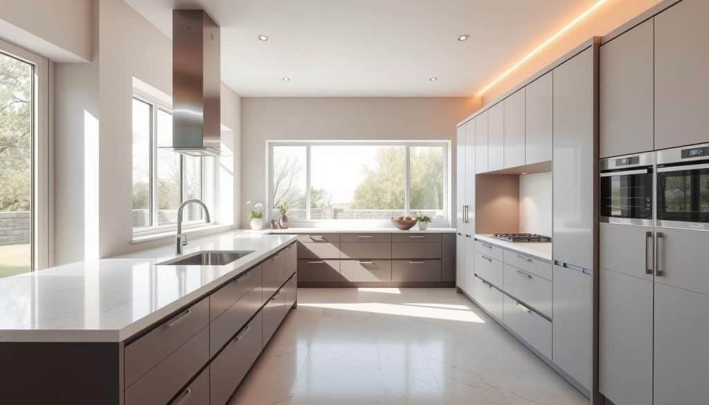 Faux marble worktops in a modern kitchen