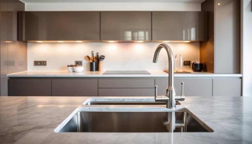 Grey marble worktops in a contemporary kitchen
