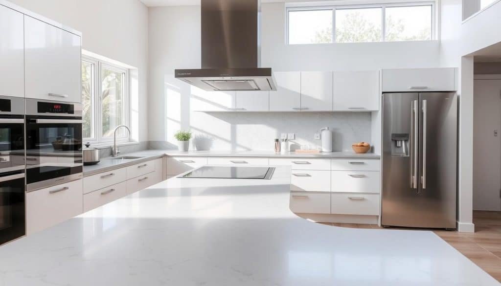 grey marble worktops in a contemporary kitchen