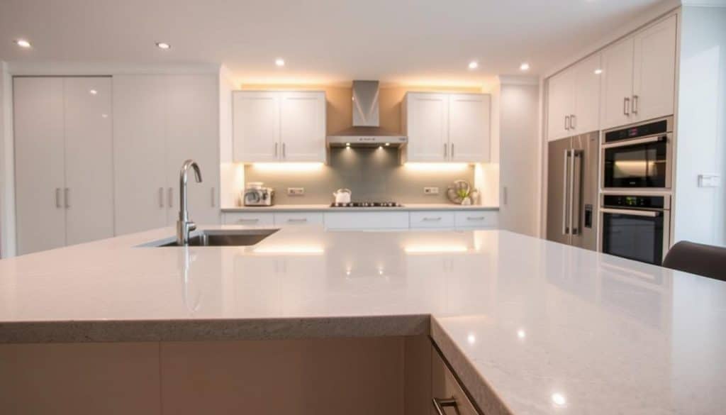 grey marble worktops in a modern kitchen