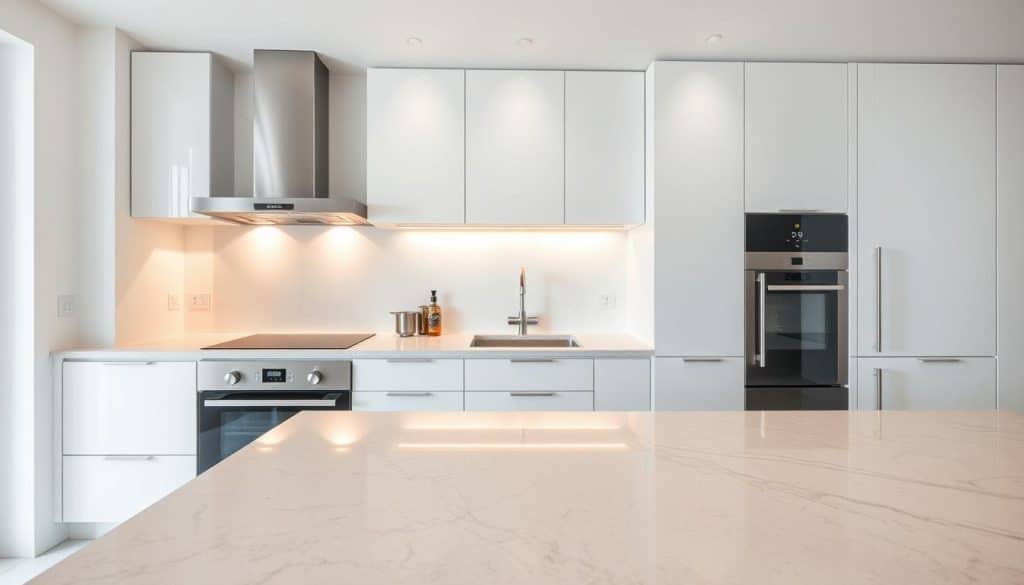 luxurious grey marble worktops in a modern kitchen