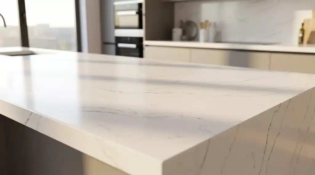 Close view of a Mana Gold quartz waterfall kitchen island with fine grey and warm-gold veining
