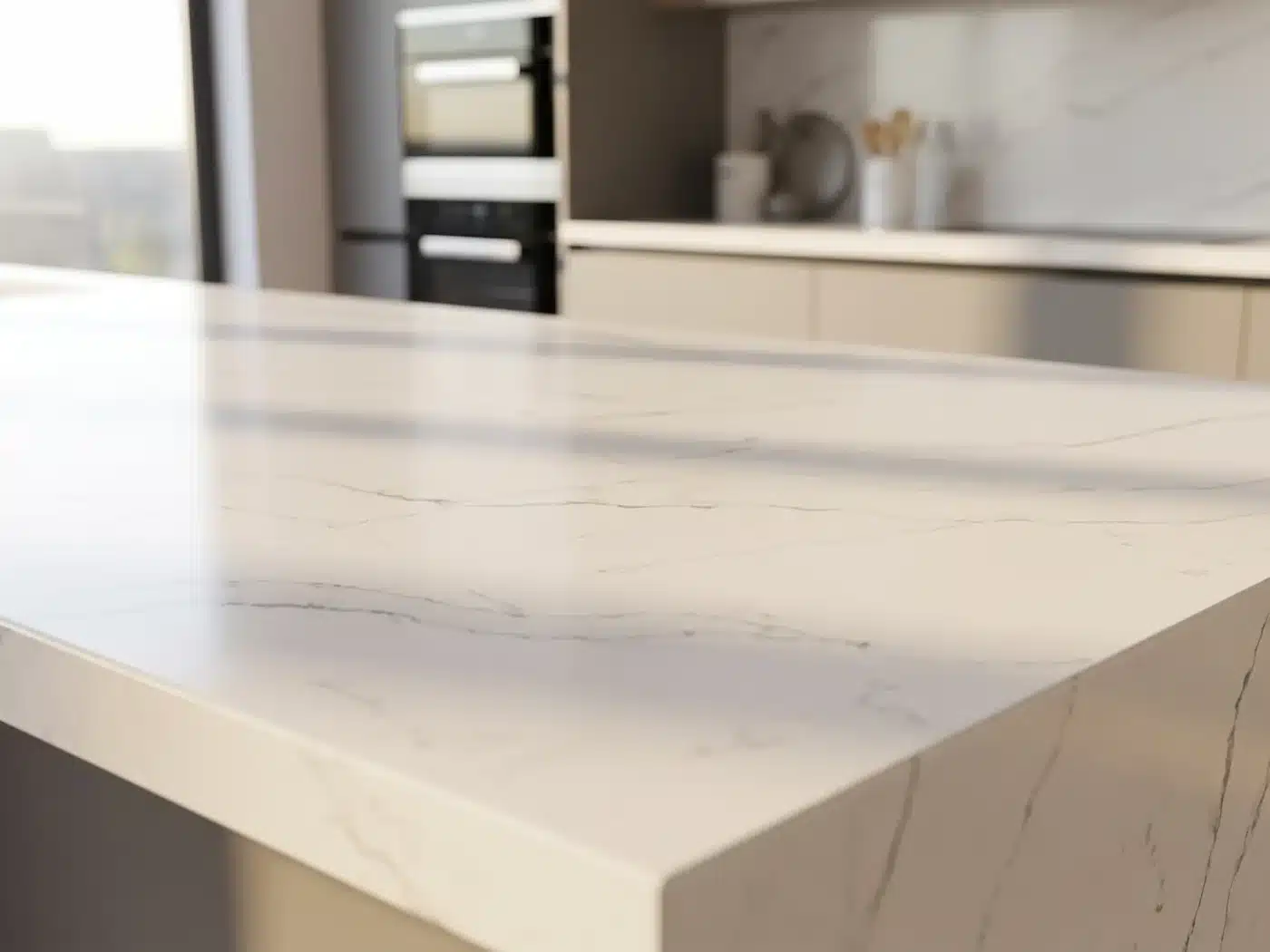 Close view of a Mana Gold quartz waterfall kitchen island with fine grey and warm-gold veining